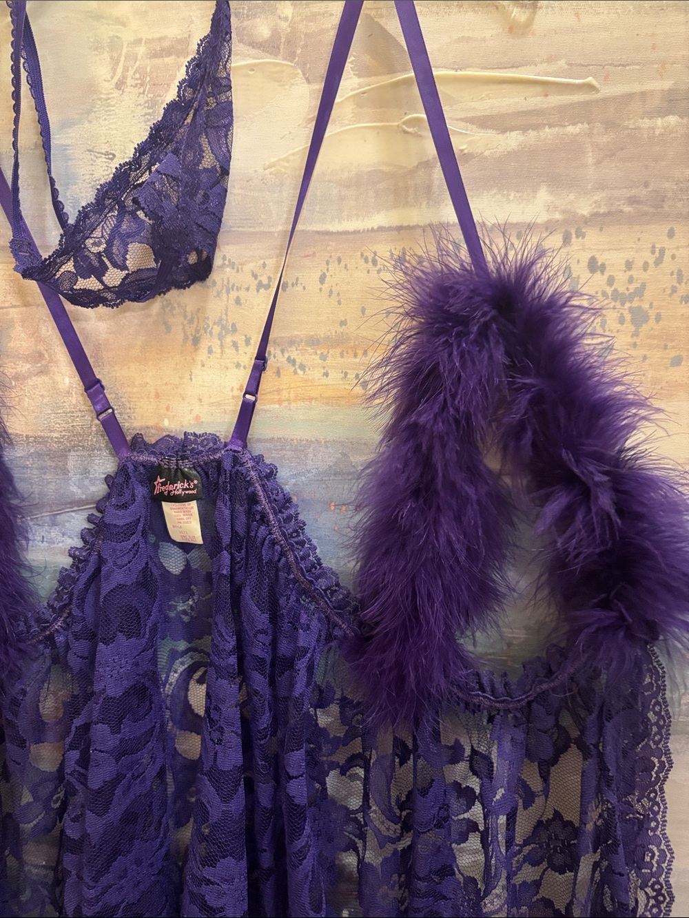 Frederick's of Hollywood Purple Lace Babydoll with Feather Trim - Picture 4 of 6